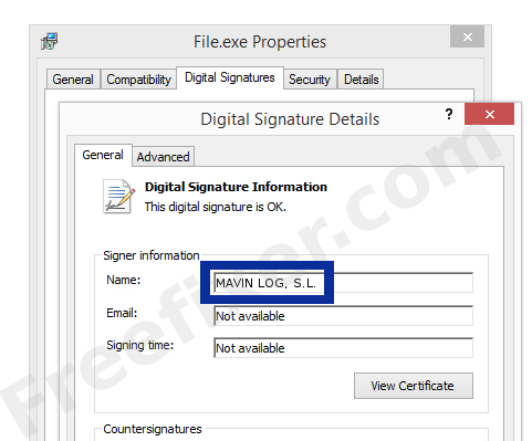 Screenshot of the MAVIN LOG, S.L. certificate